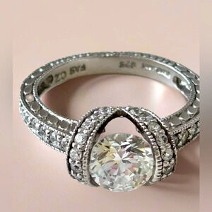 Designer FAS Large Cubic Zirconia Sterling Silver Ring - Size 9. Beautiful